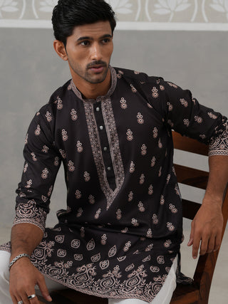 Men’s Ethnic Black Kurta with Traditional Print