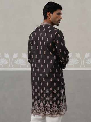 Men’s Ethnic Black Kurta with Traditional Print