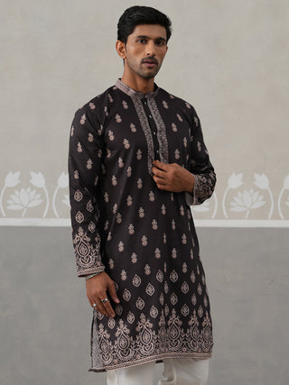 Men’s Ethnic Black Kurta with Traditional Print