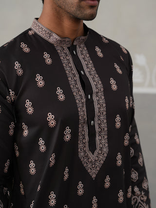 Men’s Ethnic Black Kurta with Traditional Print