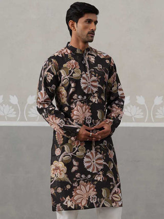 Men's Floral Printed Cotton Straight Kurta