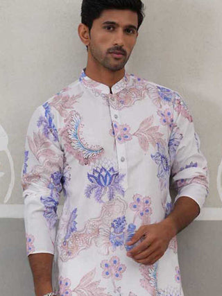 Men's Floral Printed Cotton Straight Kurta