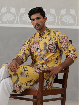 Men's Floral Printed Cotton Straight Kurta