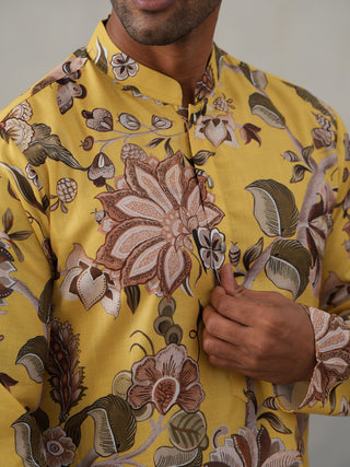 Men's Floral Printed Cotton Straight Kurta
