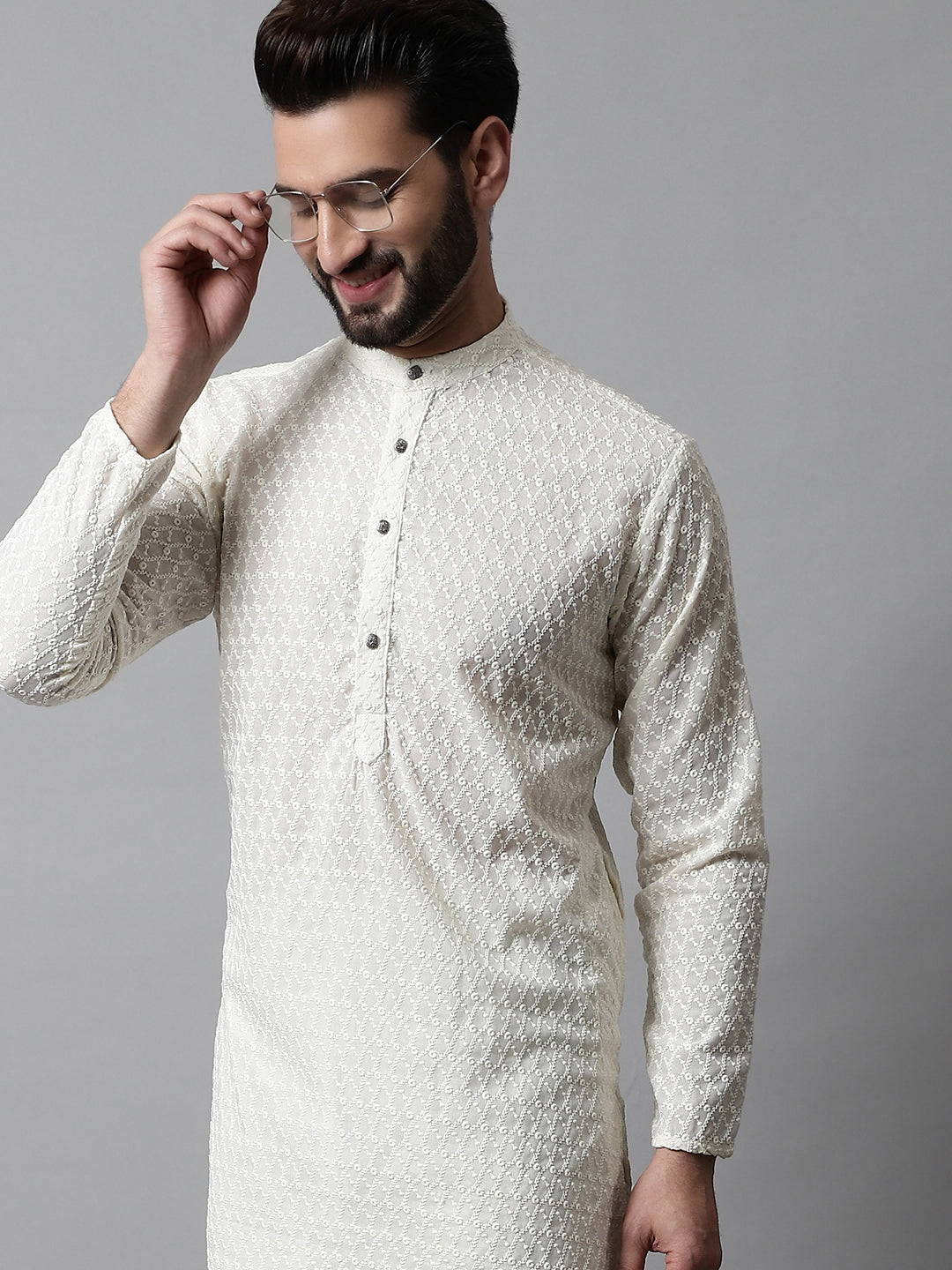 Jompers Men Cream Chikan Kurta Only