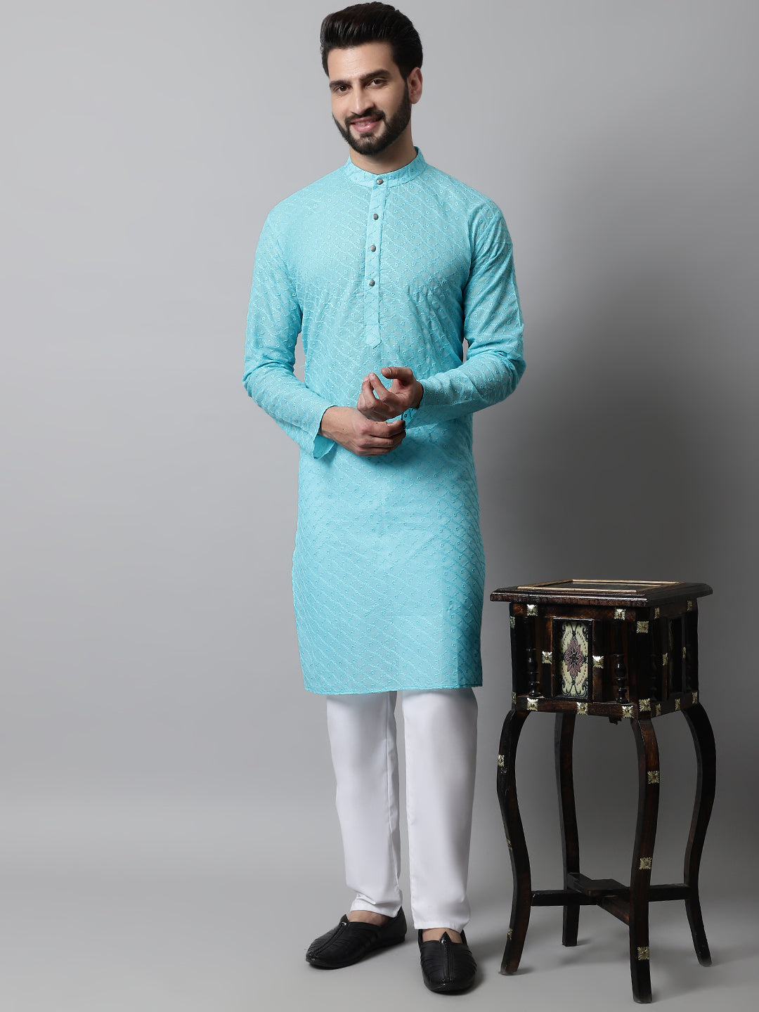 Jompers Men Sky Blue Chikan Kurta Only - Main Image