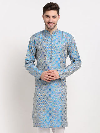 Men Sky Blue & Off-White Self Design Kurta Only