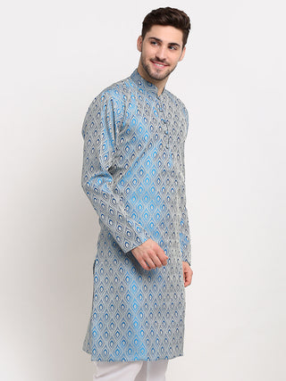 Men Sky Blue & Off-White Self Design Kurta Only