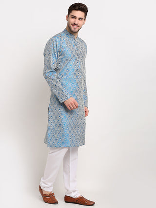 Men Sky Blue & Off-White Self Design Kurta Only