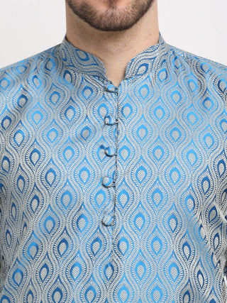 Men Sky Blue & Off-White Self Design Kurta Only