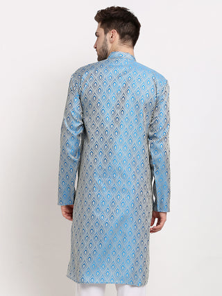 Men Sky Blue & Off-White Self Design Kurta Only