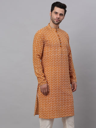 Men's Mustard & White Embroidered Straight Kurtas