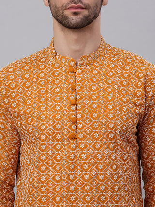 Men's Mustard & White Embroidered Straight Kurtas