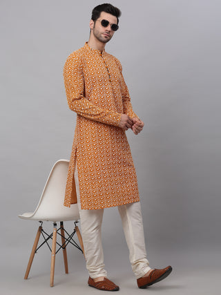 Men's Mustard & White Embroidered Straight Kurtas