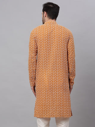 Men's Mustard & White Embroidered Straight Kurtas
