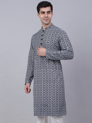 Men's Navy Blue & White embroidered Straight Kurtas