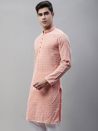 Jompers Men's Orange Embroidered Kurta Only