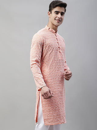 Jompers Men's Orange Embroidered Kurta Only