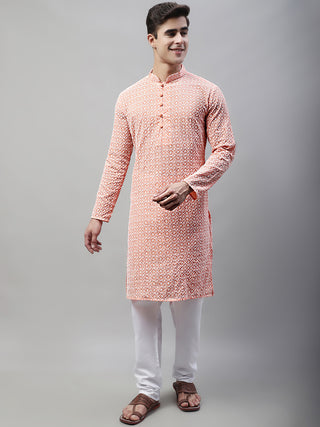 Jompers Men's Orange Embroidered Kurta Only