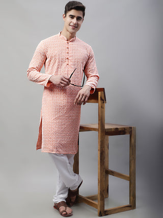 Jompers Men's Orange Embroidered Kurta Only