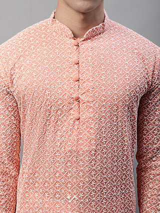 Jompers Men's Orange Embroidered Kurta Only