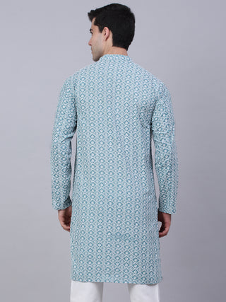 Men's Teal Blue & White embroidered Straight Kurtas