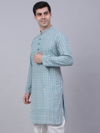 Men's Teal Blue & White embroidered Straight Kurtas