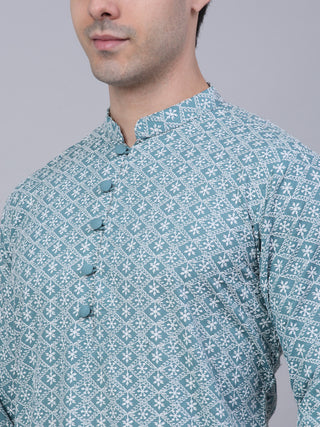 Men's Teal Blue & White embroidered Straight Kurtas