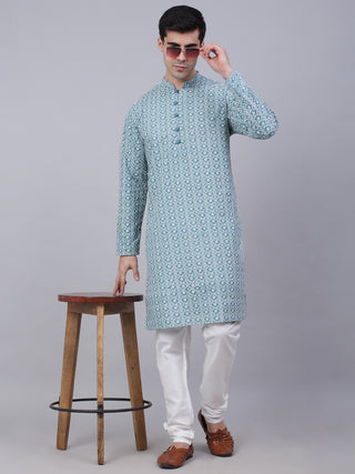 Men's Teal Blue & White embroidered Straight Kurtas
