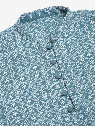 Men's Teal Blue & White embroidered Straight Kurtas