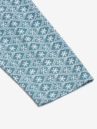 Men's Teal Blue & White embroidered Straight Kurtas