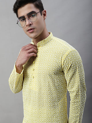 Jompers Men's Yellow Embroidered Kurta Only