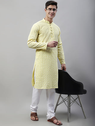 Jompers Men's Yellow Embroidered Kurta Only