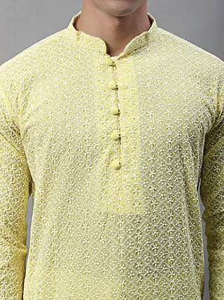Jompers Men's Yellow Embroidered Kurta Only