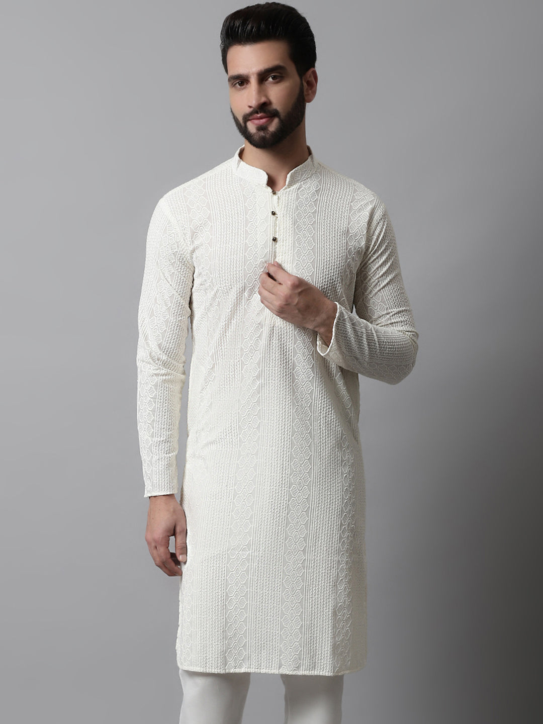 Jompers Men Cream Embroidered Kurta Only