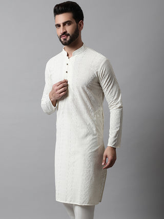 Jompers Men Cream Embroidered Kurta Only