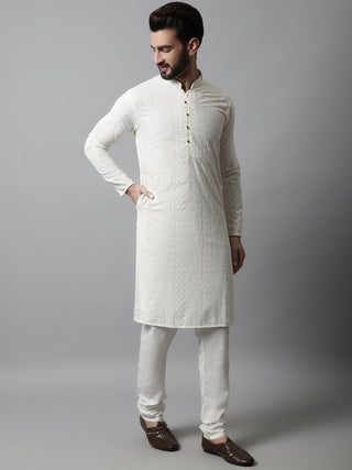 Jompers Men Cream Embroidered Kurta Only