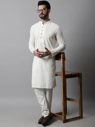Jompers Men Cream Embroidered Kurta Only