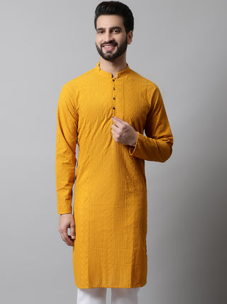 Jompers Men Mustard Embroidered Kurta Only