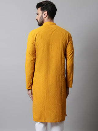 Jompers Men Mustard Embroidered Kurta Only
