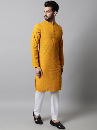 Jompers Men Mustard Embroidered Kurta Only