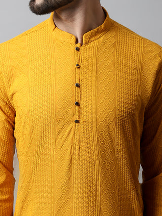Jompers Men Mustard Embroidered Kurta Only