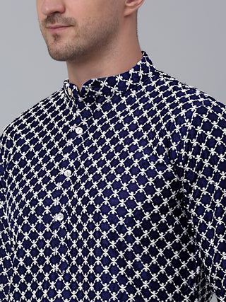 Jompers Men Navy Blue Chikankari Kurta Only