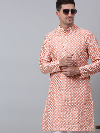 Jompers Men Peach Chikankari Kurta Only