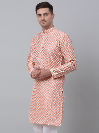 Jompers Men Peach Chikankari Kurta Only