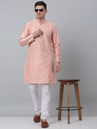 Jompers Men Peach Chikankari Kurta Only