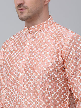 Jompers Men Peach Chikankari Kurta Only