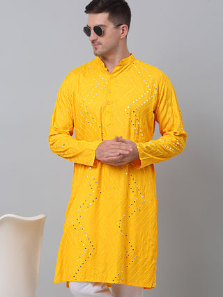 Jompers Men's Mustard Printed Mirror Kurta Only