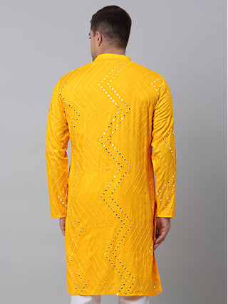 Jompers Men's Mustard Printed Mirror Kurta Only