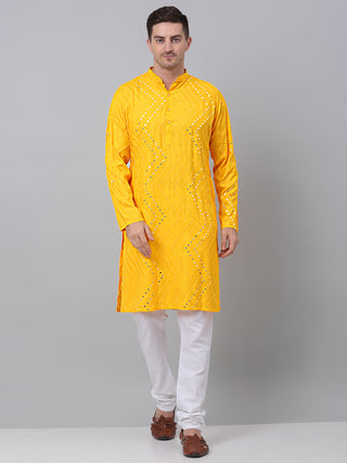 Jompers Men's Mustard Printed Mirror Kurta Only